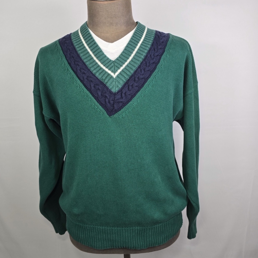 VTG- J. Riggings Men's Green Cable Knit V-Neck Sweater Cricket Preppy Grandpa L - Picture 3 of 8